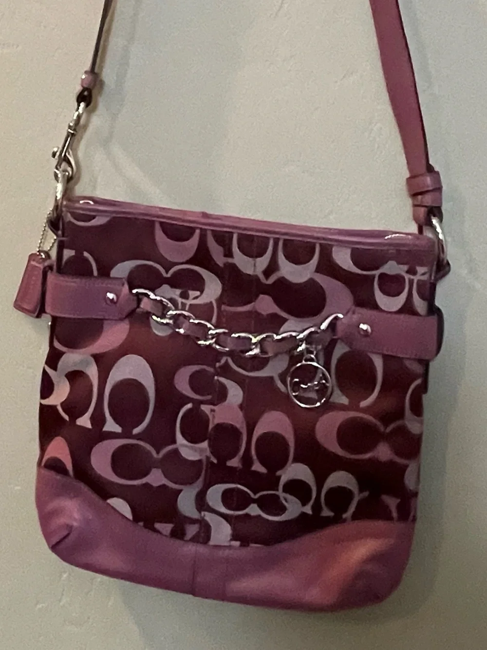 Berry pink mauve Signature-Print Crossbody Shoulder Bag sateen leather silver